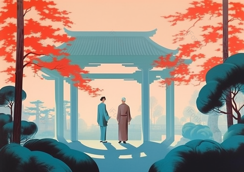 背影情人节国风双人站立古代建筑庭院国潮红色插画,插画/手绘图,插画/手绘图库,插画/手绘图下载,插画/手绘